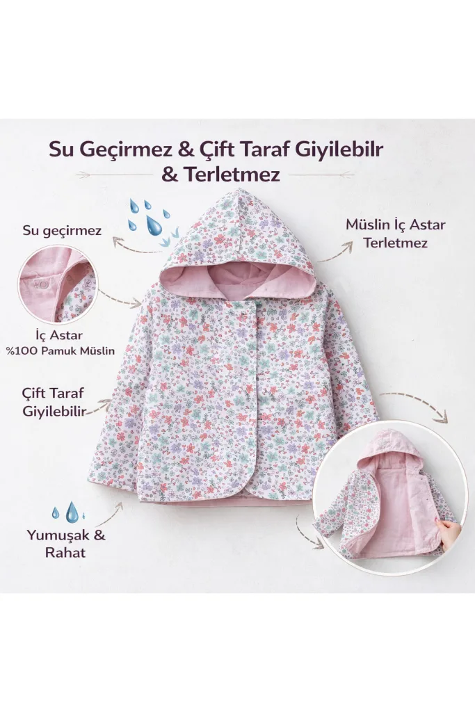 Terletmeyen Çift Taraflı Kız Çocuk Yağmurluk 2-5 Yaş %100 Pamuk Müslin Astarlı