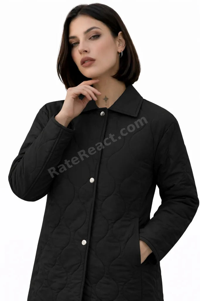 Kadın Siyah Su Yolu Desenli Çıtçıtlı Oversize Kapitone Ceket - Mont