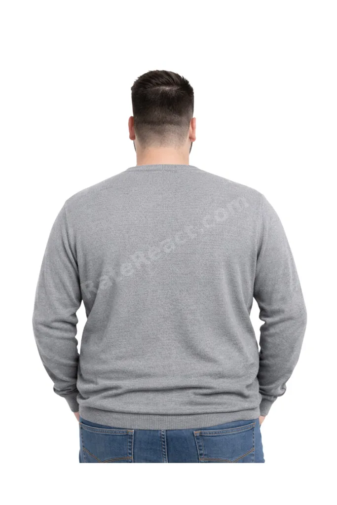 Erkek Büyük Beden Gri V Yaka Triko Kazak 3XL-4XL-5XL-6XL