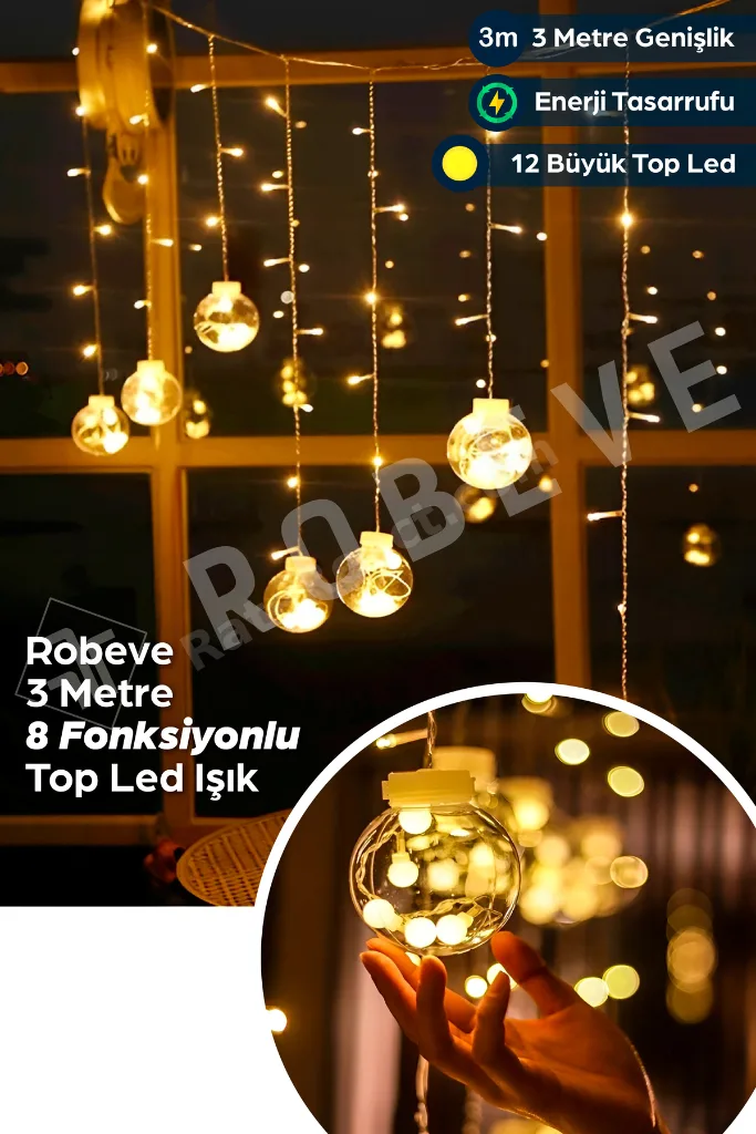 Dekoratif Işıklı 12toplu Perde Led Fişli Led Işık Top Led Yılbaşı Işığı