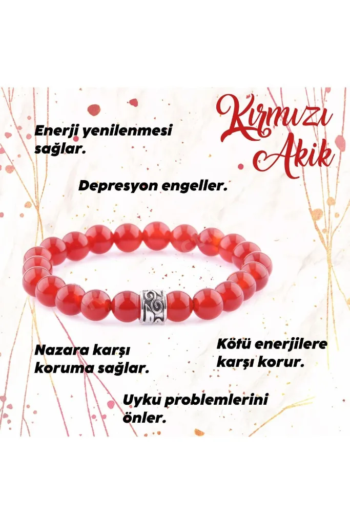 Orijinal & Sertifikalı Kırmızı Akik Gerçek Doğal Taş Kutulu El Yapımı Kadın Bileklik 8 mm