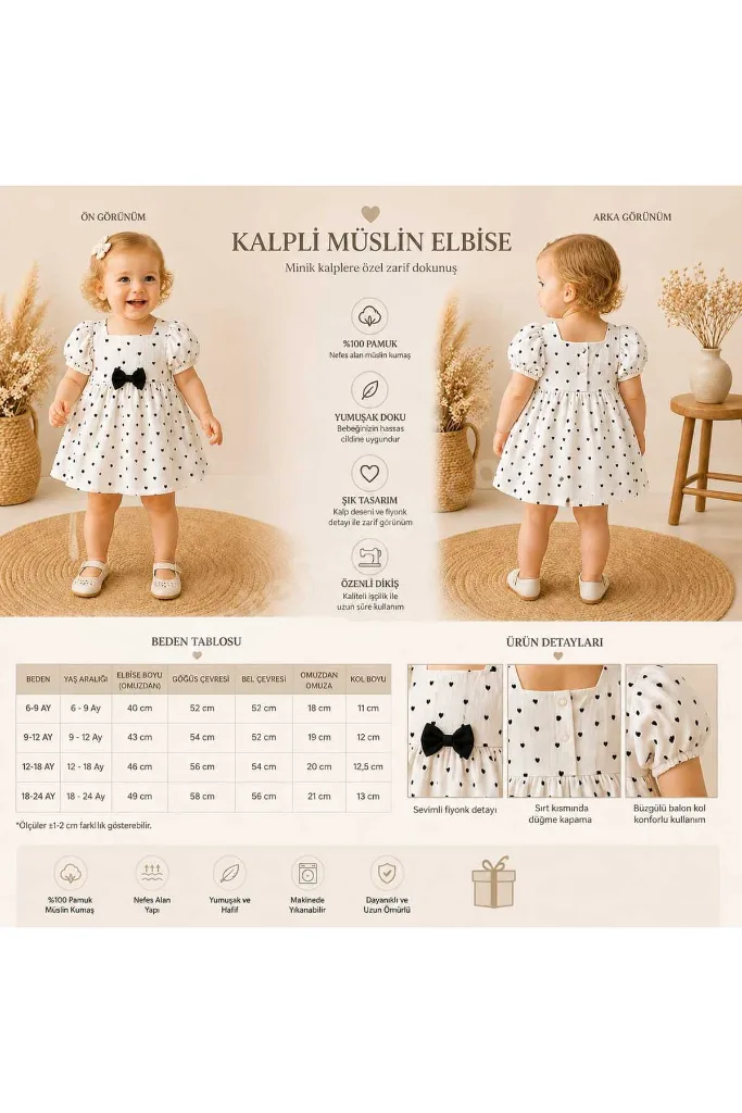 Bayramlık Kalp Desenli Fiyonklu Müslin Kız Bebek Takım
