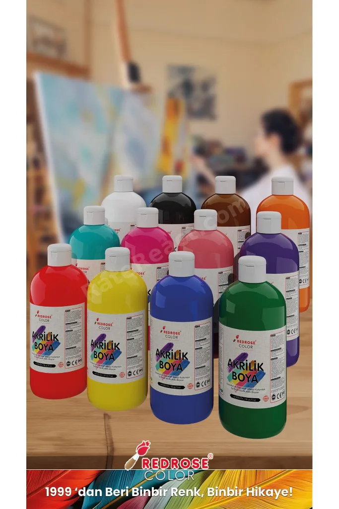 Tüm Renkler Akrilik Boya Seti, 12'li Set 12x500gr Dekoratif Hobi Amaçlı Sanatsal Canlı Renkler