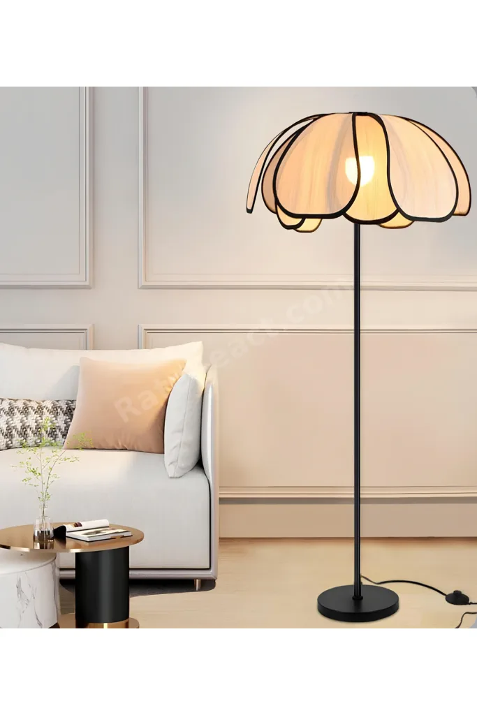 Boheme Modern Tasarım Palm Burenze Dekoratif Lambader Siyah Gövde Ekru Kumaş Abajur