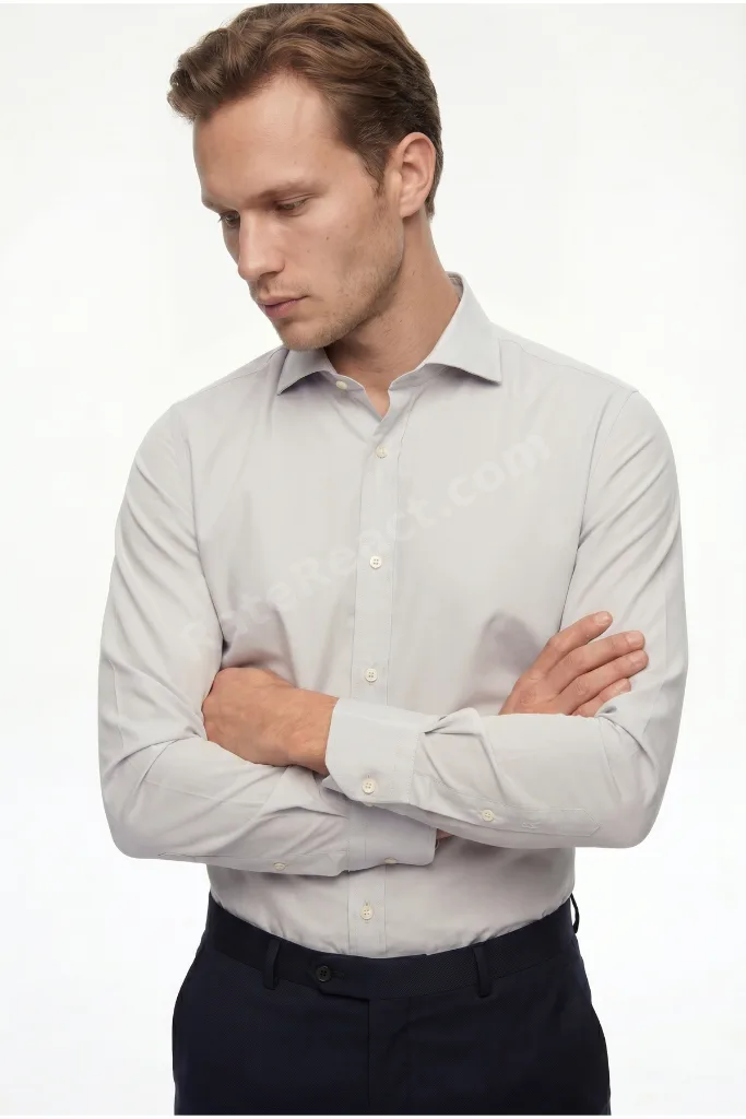Ds Damat Slim Fit Gri Klasik Kravatlık Uzun Kol Kolay Ütülenebilir Gömlek