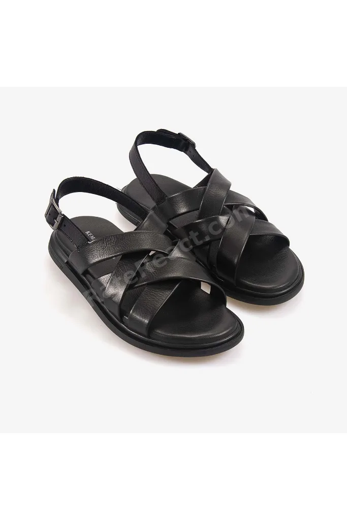 Erkek Kauçuk Tabanlı Deri Comfort Günlük Çapraz Bantlı Sandalet 555