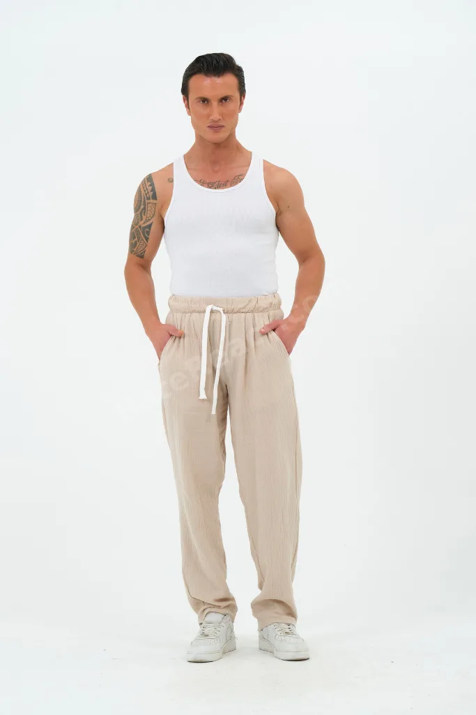%100 Pamuk Müslin Kumaş Yazlık Baggy Bol Paça Bej Pantolon