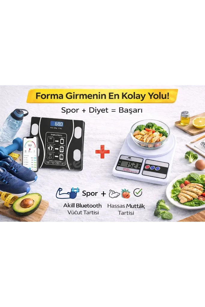 Spor Diyet 2 Li Set Akıllı Dijital Vücut Tartısı+Hassas Mutfak Tartısı Seti LCD Ekran 180 Kg / 10 Kg