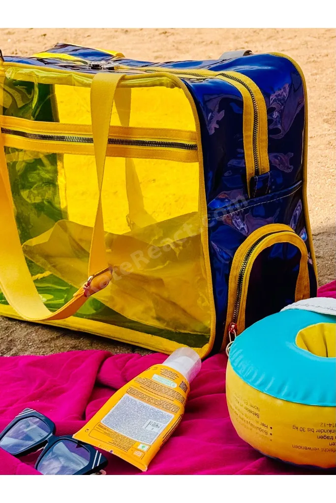Neon Suni Deri & Renkli Şeffaf PVC Yıkanabilir Islak ve Kumlu Eşya Cebi Olan Plaj Çantası
