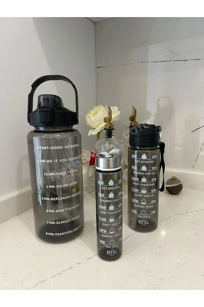 3 Lü Set Şeffaf Su Matarası Şişesi Suluk 2 Lt 900ml 600ml Spor Salonu Su Şişesi Çizelgeli