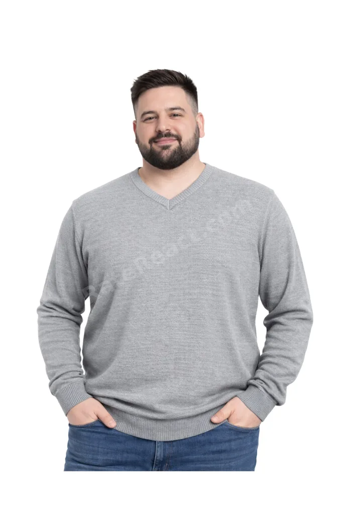 Erkek Büyük Beden Gri V Yaka Triko Kazak 3XL-4XL-5XL-6XL
