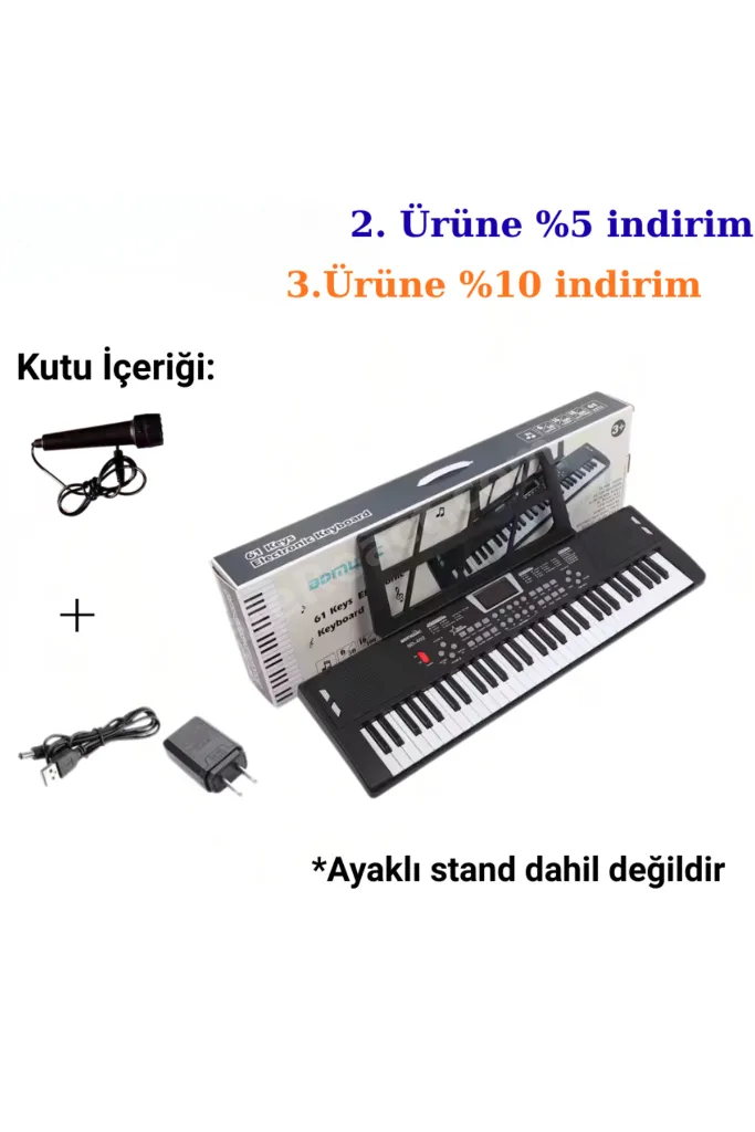 61 Tuşlu Elektronik Org Piyano Mikrofonlu Işıklı Adaptör Hediye Ritimli Demolu Keyboard