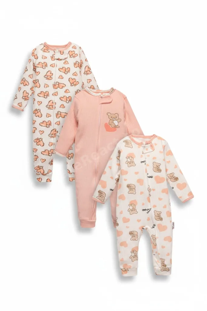 Kız Bebek Uyku Tulumu 3’lü Set 9-12-18 Ay Fermuarlı Pamuk Ribana Ayıcık Desenli
