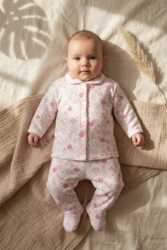 Mila Soft Safari Pembe Hayvan Figürlü %100 Pamuklu Patikli Bebek Pijama Takımı - Yumuşak Dokulu 2'li
