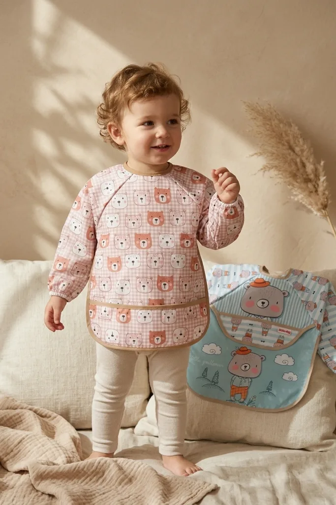 Teddy Guard Sıvı Geçirmez Uzun Kollu Bebek Mama Önlüğü 2'li Set - 6-24 Ay Leke Tutmaz Blw Uyumlu Ayı