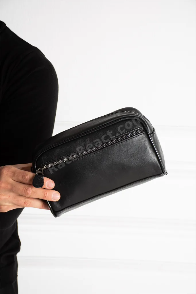 Siyah Hakiki Deri Erkek Tıraş el Portföy&Clutch Bakım Çantası