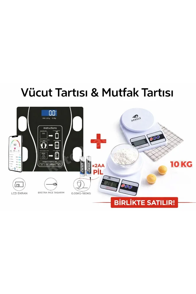 Spor Diyet 2 Li Set Akıllı Dijital Vücut Tartısı+Hassas Mutfak Tartısı Seti LCD Ekran 180 Kg / 10 Kg
