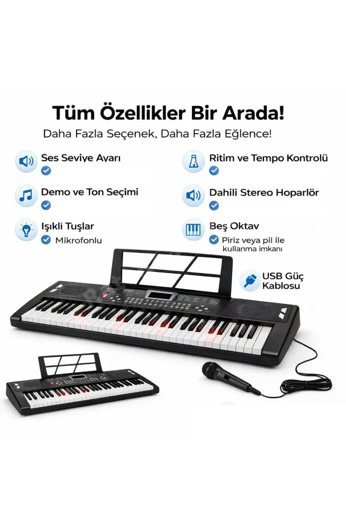 Mikrofonlu Işıklı 61 Tuşlu Çocuk Piyanosu 5 Oktav Dijital Org Keyboard Başlangıç Seti