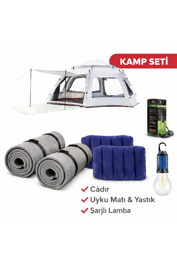 5-6 Kişilik Lüks Kamp Çadırı Seti 280x240x155 cm Mat Yastık Solar Lamba