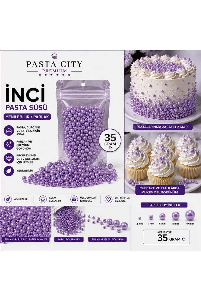 Mor İnci Pasta Süsü Mix Yenilebilir Draje 35 Gram Parlak Dekoratif Pasta Cupcake Süsü