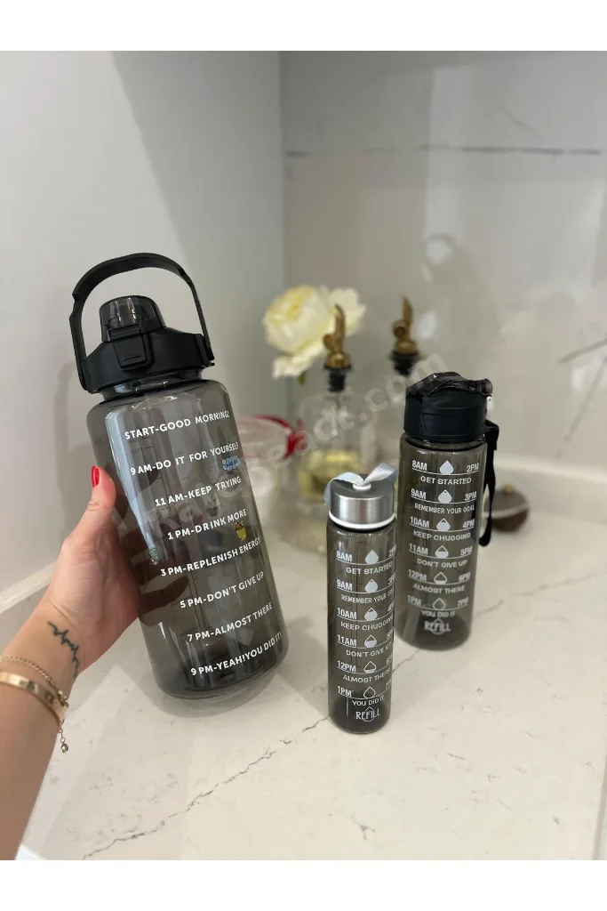 3 Lü Set Şeffaf Su Matarası Şişesi Suluk 2 Lt 900ml 600ml Spor Salonu Su Şişesi Çizelgeli