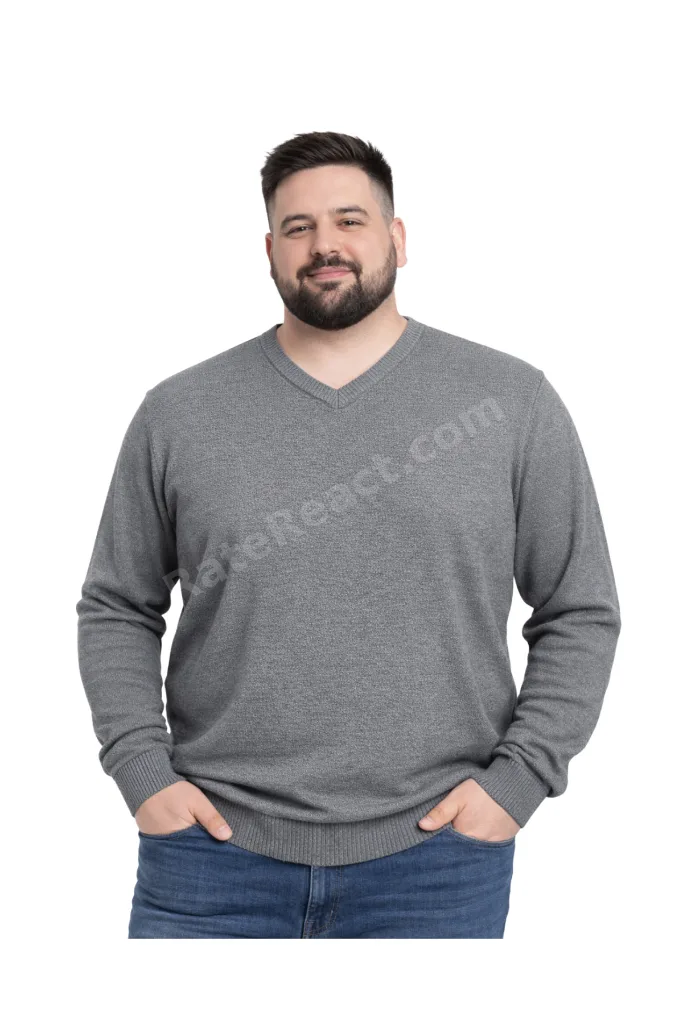 Erkek Büyük Beden Füme V Yaka Triko Kazak 3XL-4XL-5XL-6XL