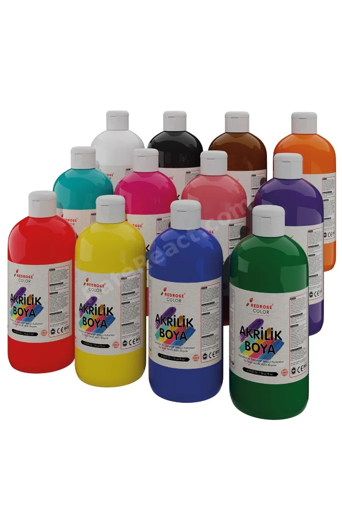 Tüm Renkler Akrilik Boya Seti, 12'li Set 12x500gr Dekoratif Hobi Amaçlı Sanatsal Canlı Renkler