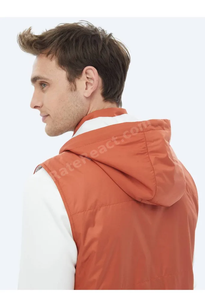 Koyu Turuncu Regular Fit Kapüşonlu Casual Dokuma Spor Yelek