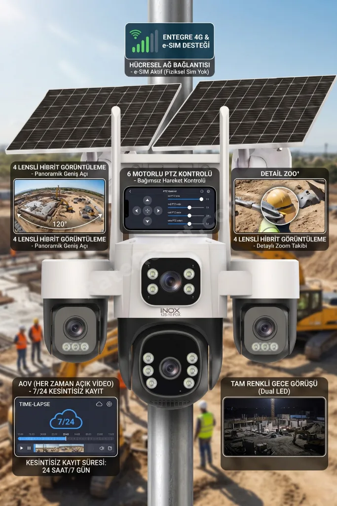 İnox X24 4G E-Simli 6 Motorlu 4 Kameralı Solar Kamera (7/24 Kayıt)