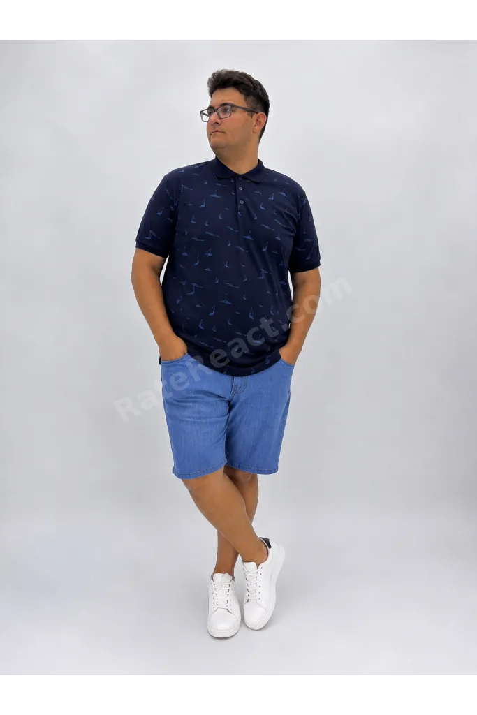 Büyük Beden Polo Yaka Düğmeli Yelken Figür Baskılı Erkek Tshirt
