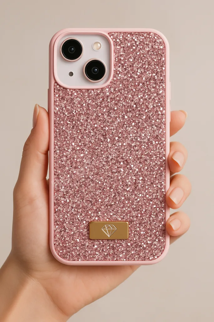 iPhone 13/14/15 Kılıf Içi Kadife Elmas Tasarımlı Pembe Taşlı Işıltılı Pırlanta Silikon
