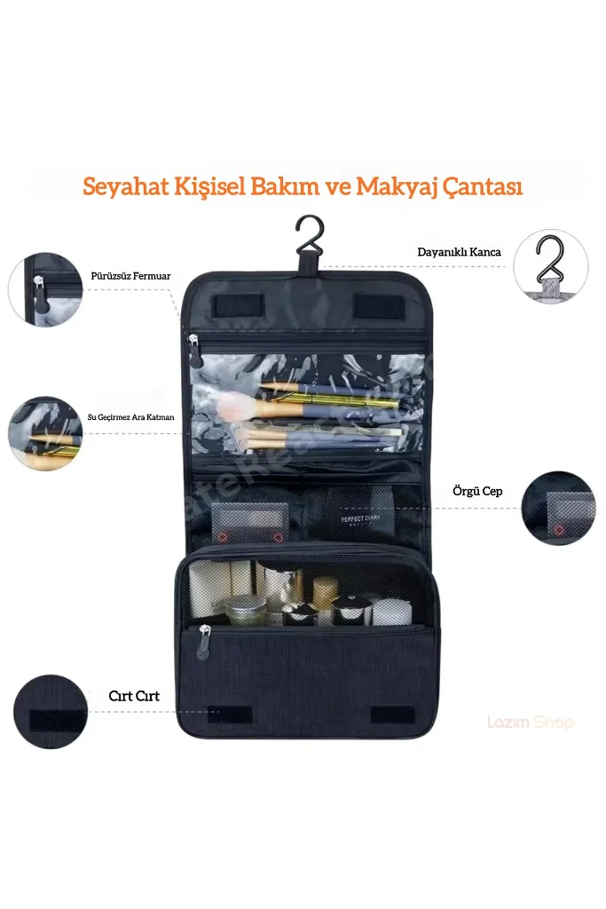 Askılı Bölmeli Seyahat Makyaj Ve Kişisel Bakım Çantası Büyük Boy