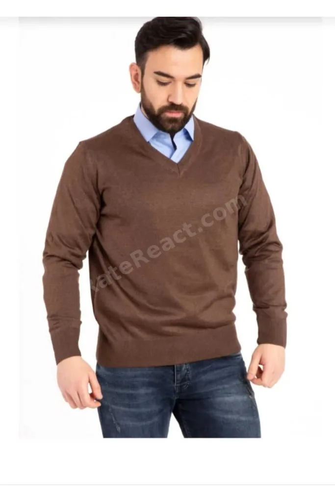 Erkek Ince Yün Triko Örgü Regular Baba V Yaka Kazak