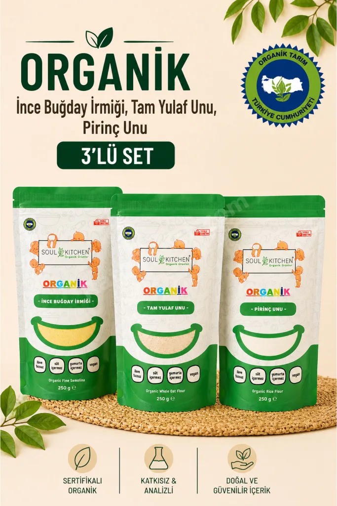 Organik Sertifikalı İnce İrmik Pirinç Unu Tam Yulaf Unu Set 3x250 g Bebek Beslenmesine Uygun