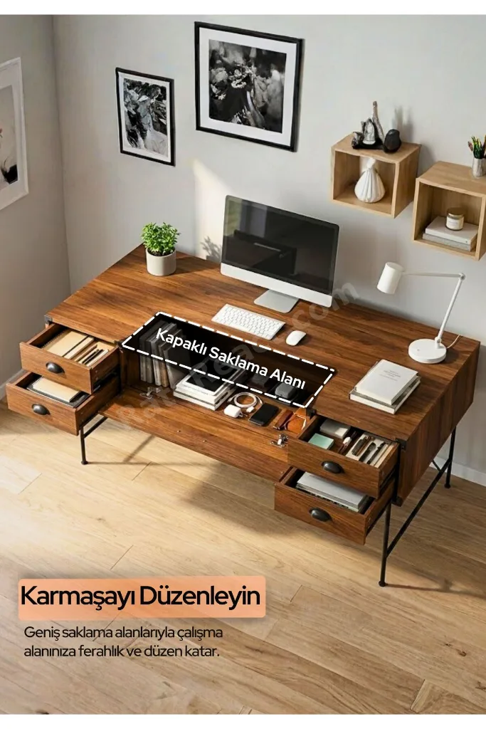 Lamont Çalışma Masası, Home Ofis ve Yönetici Masası Modeli 4 çekmeceli 1 kapaklı raf 180cm