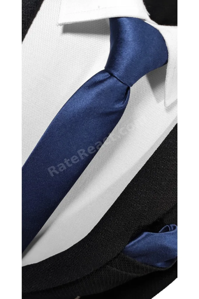 Ekstra Ince Lacivert Renk Düz Slim Fit 4 Cm Genişliğinde Kravat Mendil Seti Slim Fit Dar