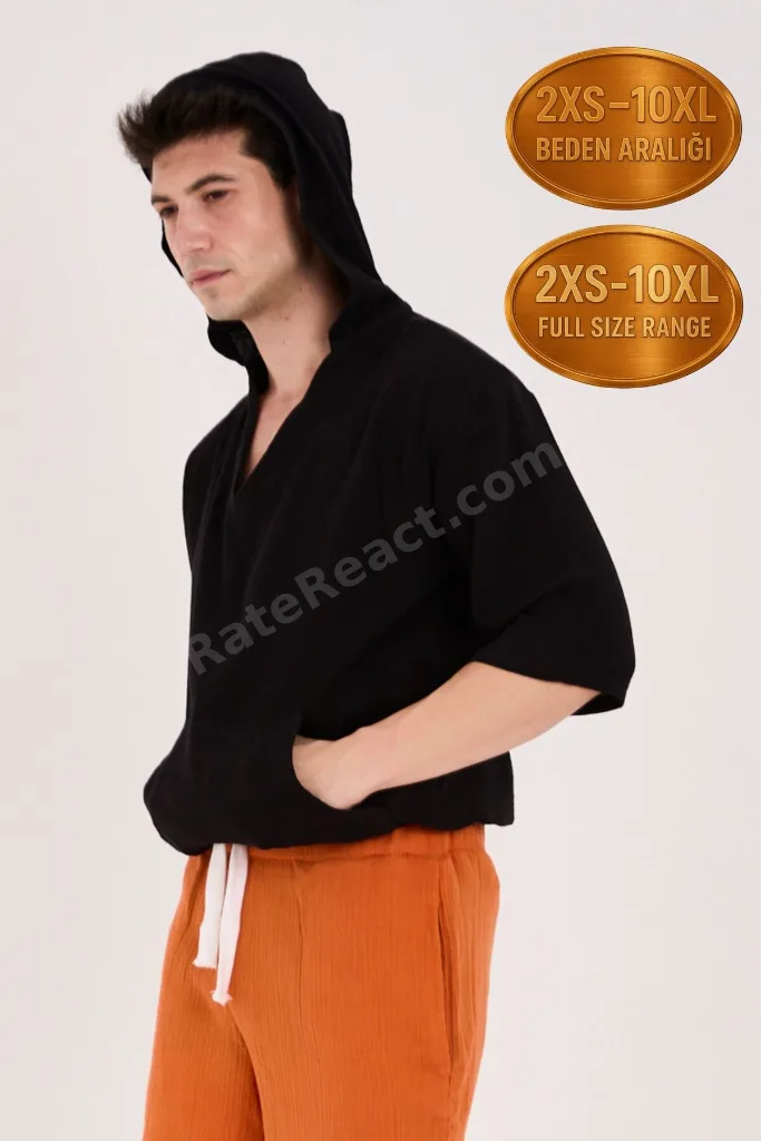 %100 Pamuk Müslin Yazlık Siyah Sweatshirt Kapüşonlu Kanguru Cepli