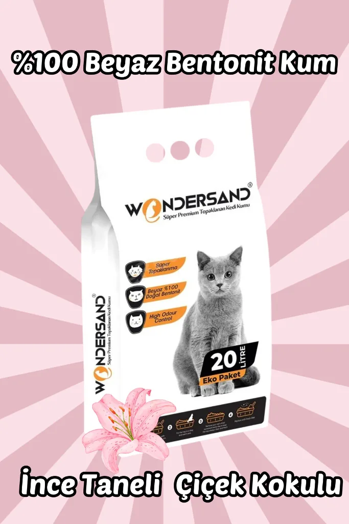 20 Litre %100 Beyaz Bentonit Ince Tane Çiçek Kokulu Topaklanan Premium Kedi Kumu
