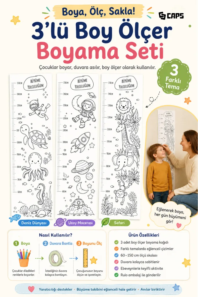 3 Adet Boyamalı Boy Ölçer Seti - 60x150 cm - Boyamalı Boy Ölçer Seti
