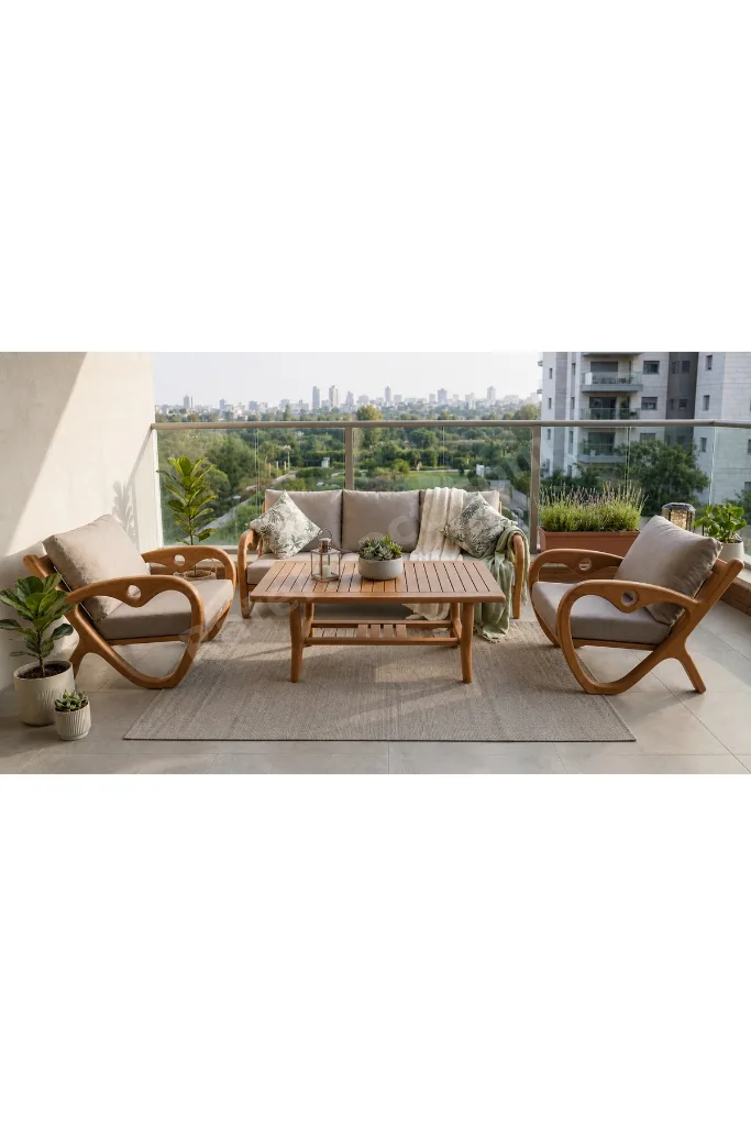 Gardenlove Bahçe Balkon Koltuk Masif Ahşap Kestane Ağacı 3+1+1 Koltuk Masa Takımı