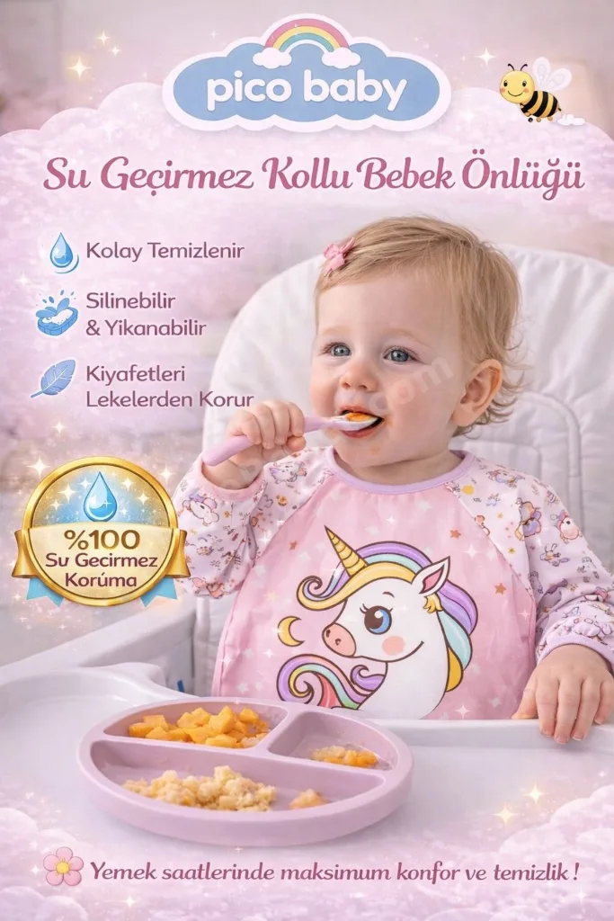 Bebek Unicorn Desenli Su Geçirmez Uzun Kollu Mama Ve Etkinlik Önlüğü