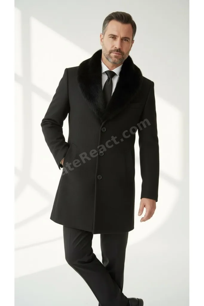 Erkek Uzun Kaşe Kaban – Çıkartılabilir Kürk Yaka, Astarlı ve Cepli Slim Fit Mont (Bej,