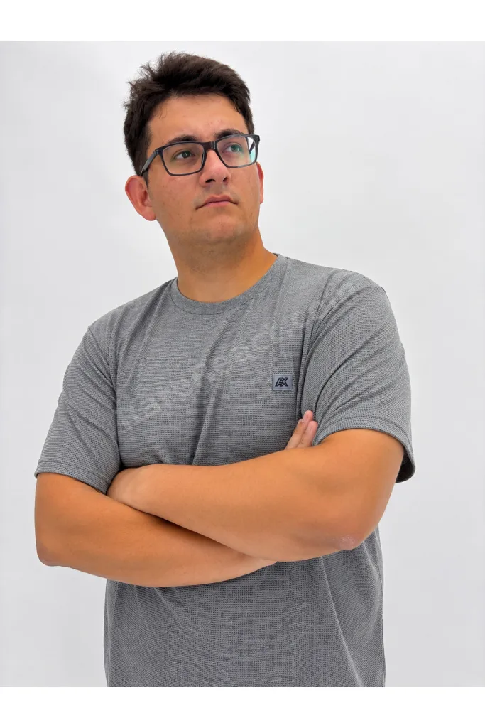 Büyük Beden Sıfır Yaka Waffle Kumaş Basıc Erkek Tshirt