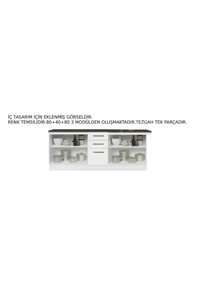 Vant Mutfak 4 Kapaklı-3 Çekmeceli Alt Modül -200 cm - Çok Amaçlı Dolap -Beyaz-Tezgah Dahil