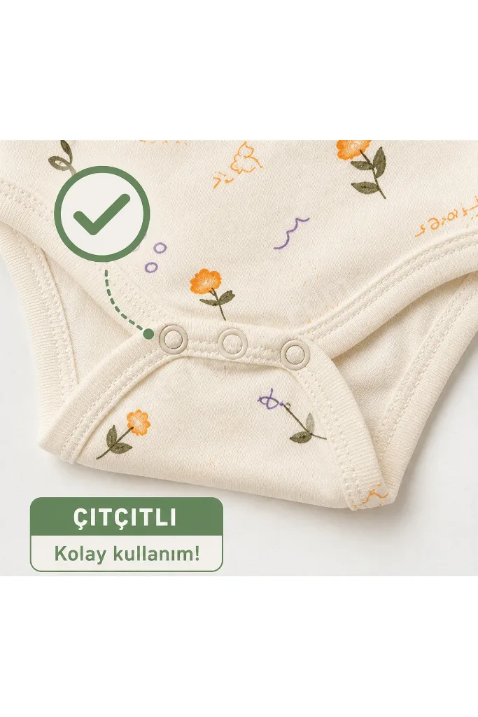 %100 Pamuk Çiçek Desenli Askılı Çıtçıtlı Body