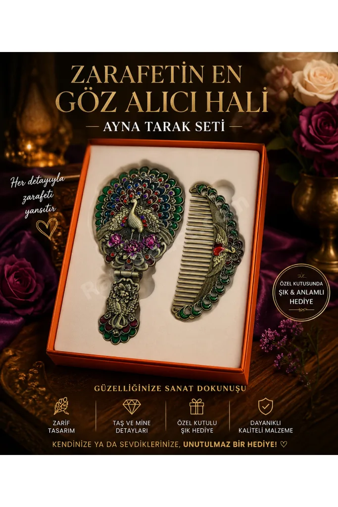 Vintage Tavus Kuşu Desenli Ayna & Tarak Seti – Dekoratif Hediyelik Kadın Bakım Seti