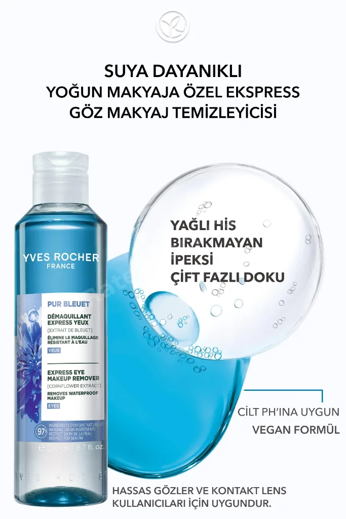 Tüm Ciltler, Çift Fazlı/Yoğun Makyaja Özel, Rahatlatıcı Göz Makyaj Temizleyici-Pur Bleuet-200ml