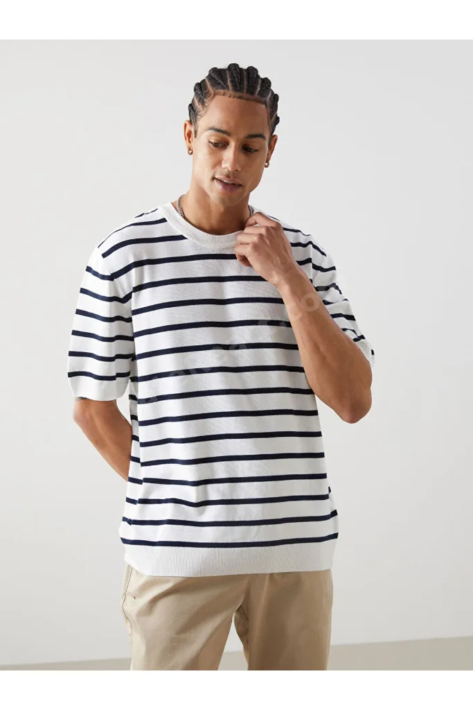 Timeless Clothing & Zamansız Seçimler Sıfır Roba Yaka Kısa Kollu Çizgili Erkek Triko Kazak