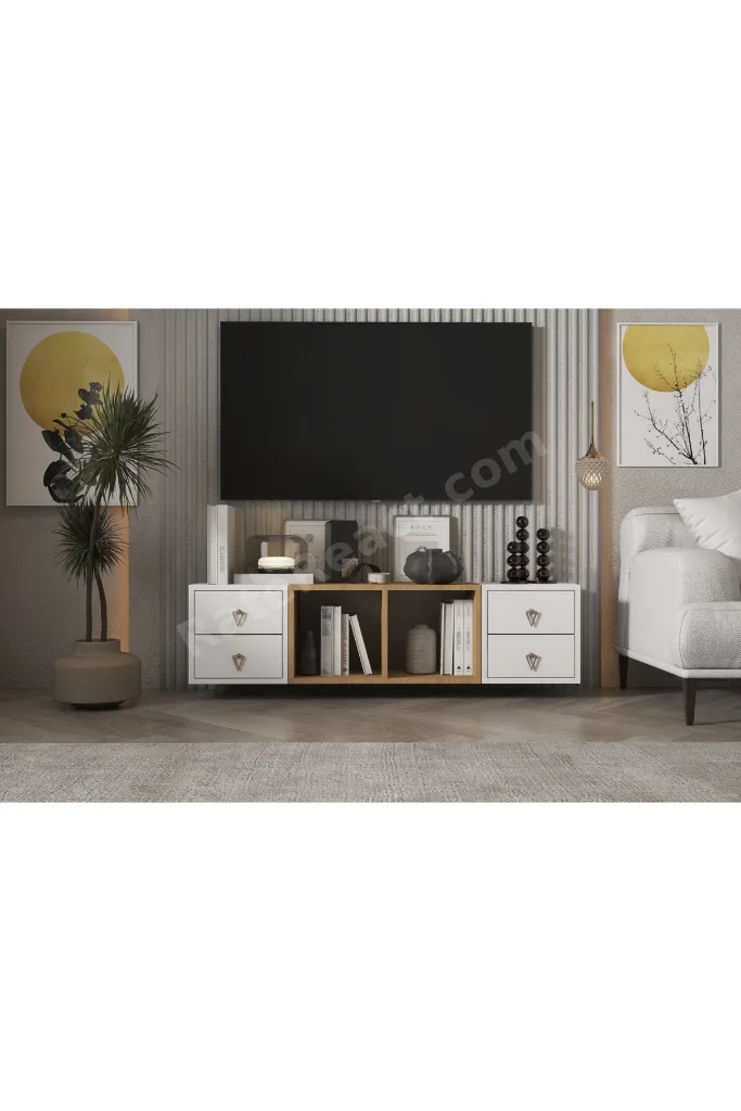 Meşe Beyaz TV Ünitesi 4 Çekmeceli ve Açık Raflı Duvara Monte NRG-TVT-1029