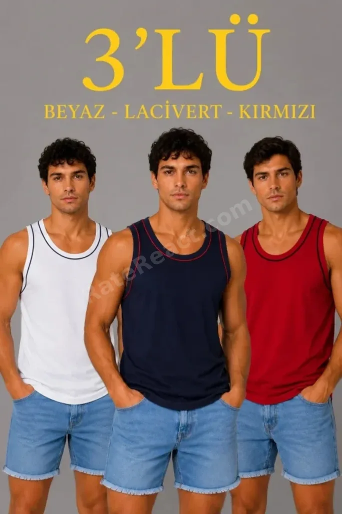 Erkek 3’lü Kolsuz Sporcu Atlet Seti Yazlık Bisiklet Yakalı Lacivert, Kırmızı, Beyaz